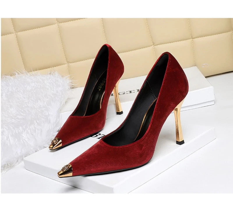 Women Peach Pink Velvet Metal Capped Pointed Toe Pumps Gold Trapezoid Thin High Heels Gentle Retro Luxury Date Banquet Ladies