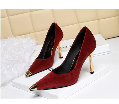 Women Peach Pink Velvet Metal Capped Pointed Toe Pumps Gold Trapezoid Thin High Heels Gentle Retro Luxury Date Banquet Ladies