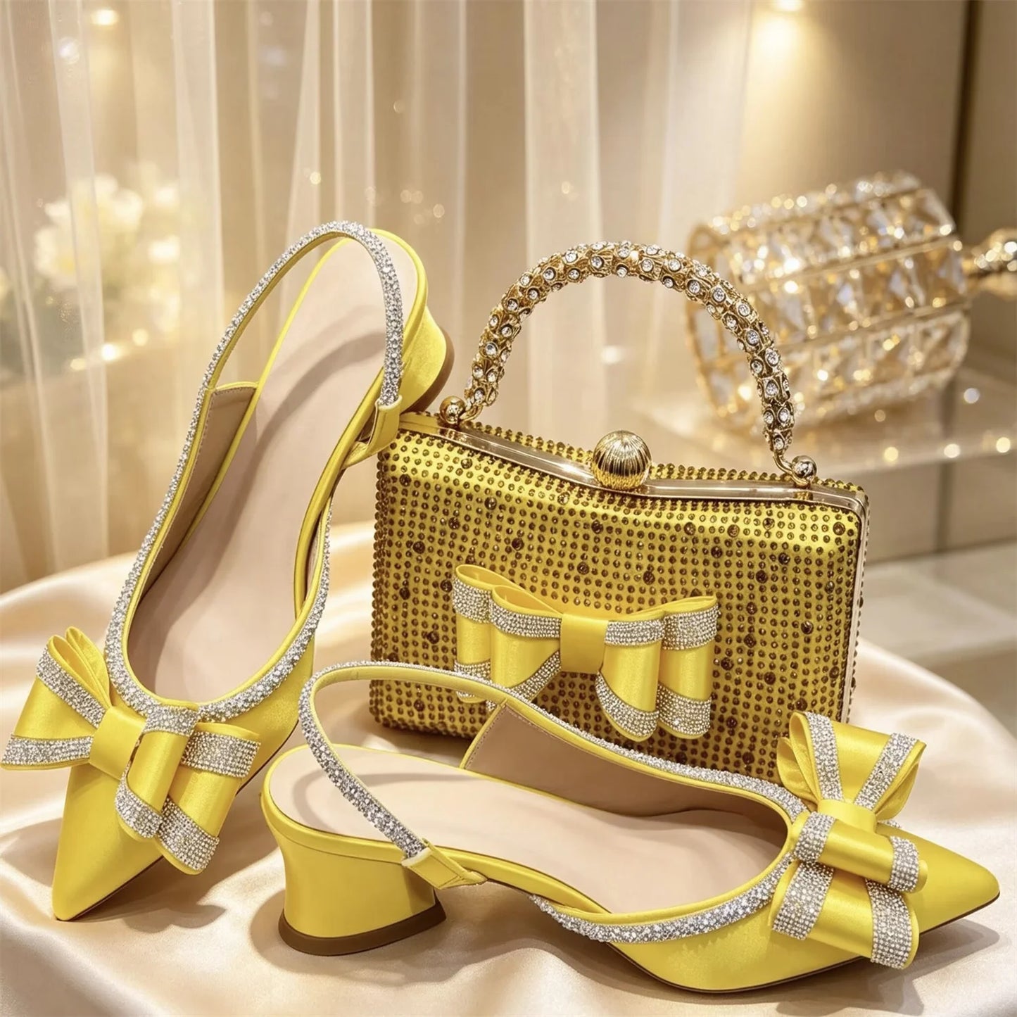 Elegant Gold Satin Rhinestone Bow Slingback Heel & Clutch Bag Set, Women Bridal Matching Kit For Wedding Party Evening Prom Form