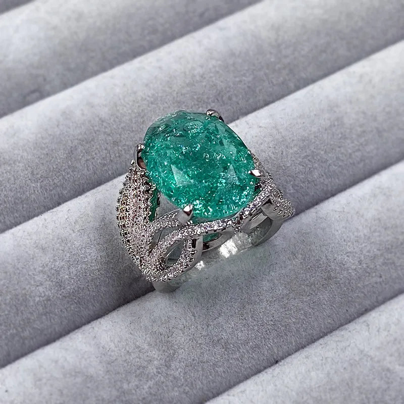 925 Silver Plated Exquisite Blue Green Moissanite Ring Fire Sparkling Luxury Open Ring Female Party Birthday Jewelry Gift