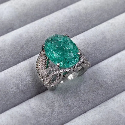 925 Silver Plated Exquisite Blue Green Moissanite Ring Fire Sparkling Luxury Open Ring Female Party Birthday Jewelry Gift