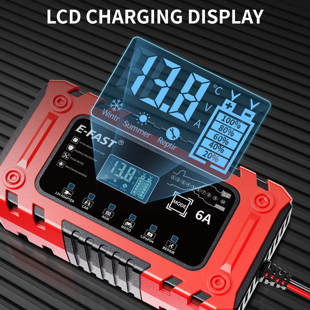 Smart 12V 6A Battery Charger For AGM LiFePO4 Cars Motorcycles Lawn Mowers