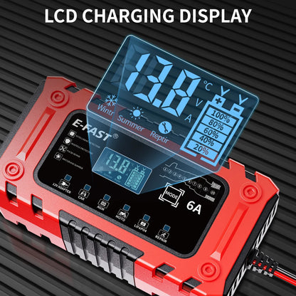 Smart 12V 6A Battery Charger For AGM LiFePO4 Cars Motorcycles Lawn Mowers