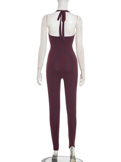 Weird Puss Hipster Backless Jumpsuit Women Halter Lace-Up Low Chest Sexy Solid Midnight Activity Stretch Slim Streetwear Overall