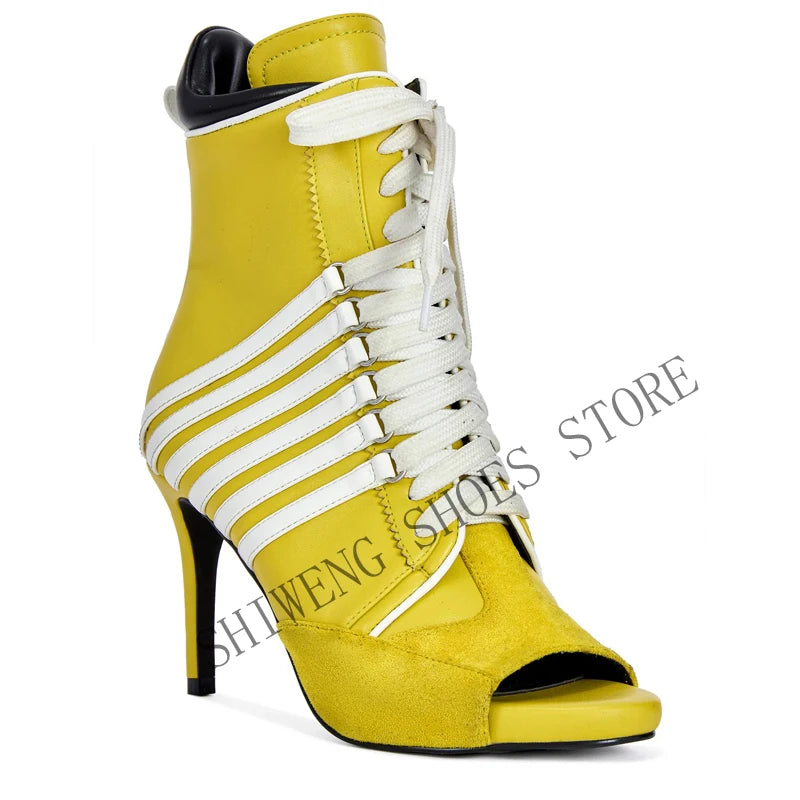 2026 Women's  Ankle Boots Patchwork Thin High Heels Short Boots Lace up Handmade Ladies Shoes Woman Large Size 44