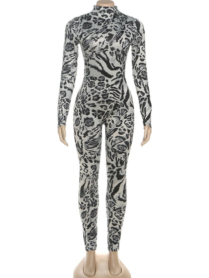 Kliou Leopard Print Jumpsuit Woman Autumn Trend Turtleneck Full Sleeve Skinny Peach Hip Hot Girls Midnight Sexy Fashion Overalls