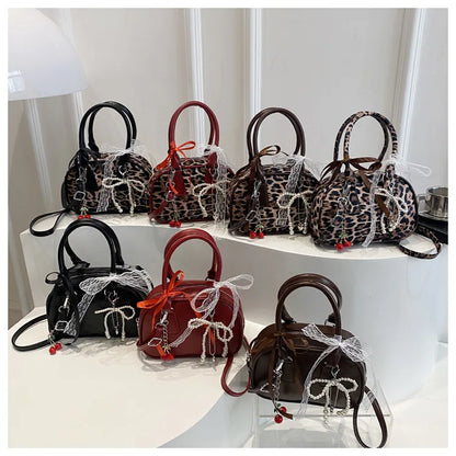 Vintage Leopard Pu Shoulder Bags for Women Portable Trendy Ladies Crossbody Bag Lace Pearl Pendant Female Bowling Handbags