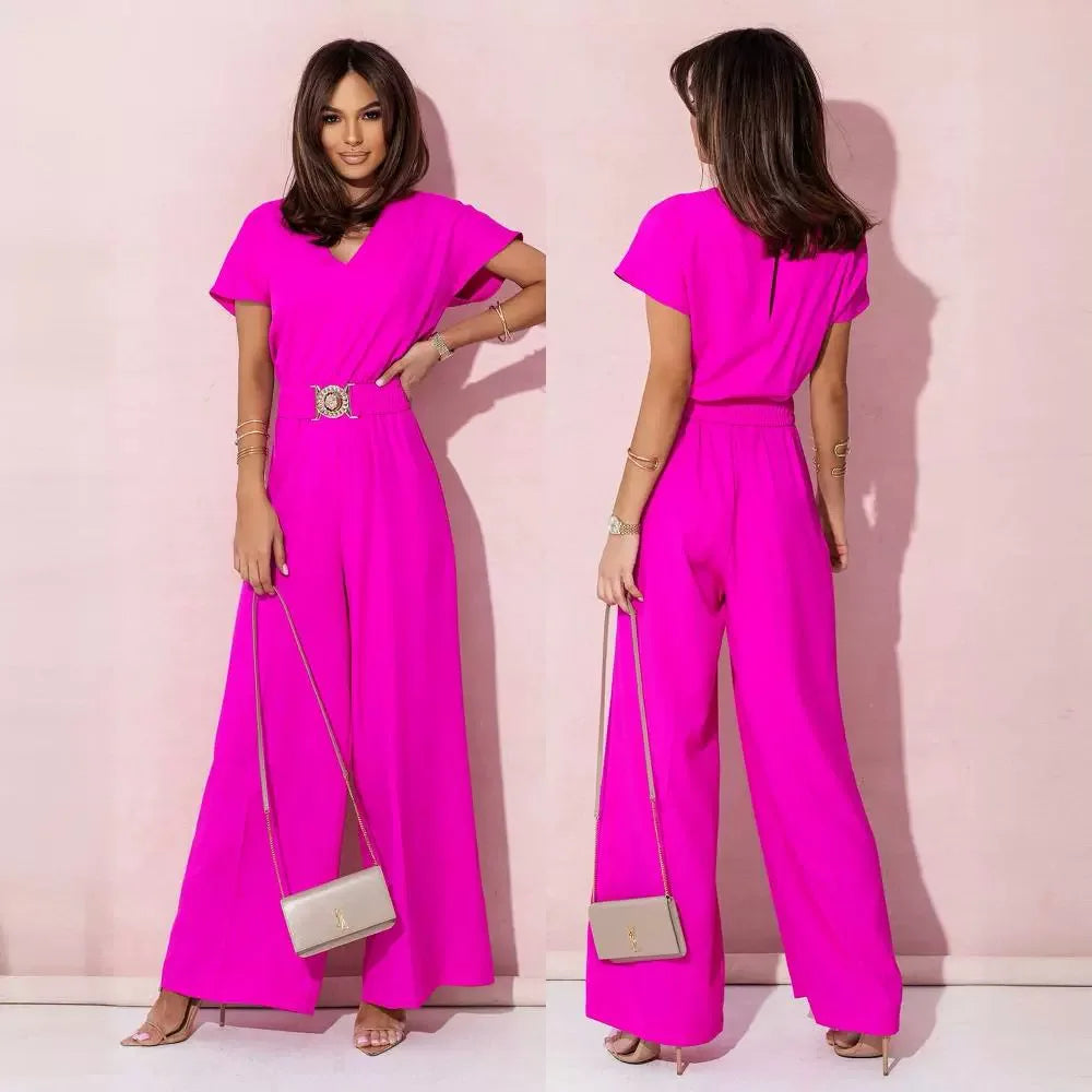 Fashion V-neck Short Sleeve High Waist Jumpsuit Women 2026 Summer Solid Wide Leg Elegant Romper Vintage Jumpsuits Overalls Women
