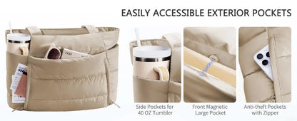 Large Capacity Puffer Tote Bag for Women Multiple Pockets with Coin Purse Commuting Bags Lightweight Water-resistant Mom Bag