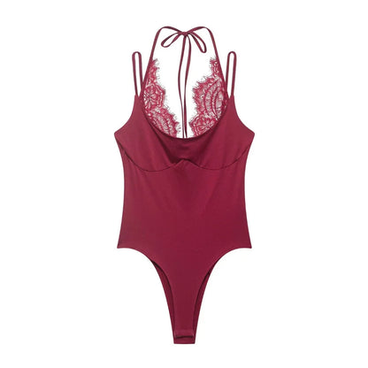 Women's Bodysuit 2026 New Fashion Summer Black Spliced Lace Bodysuit for Women Elegant Chic Personality Spaghetti Strap Bodysuit