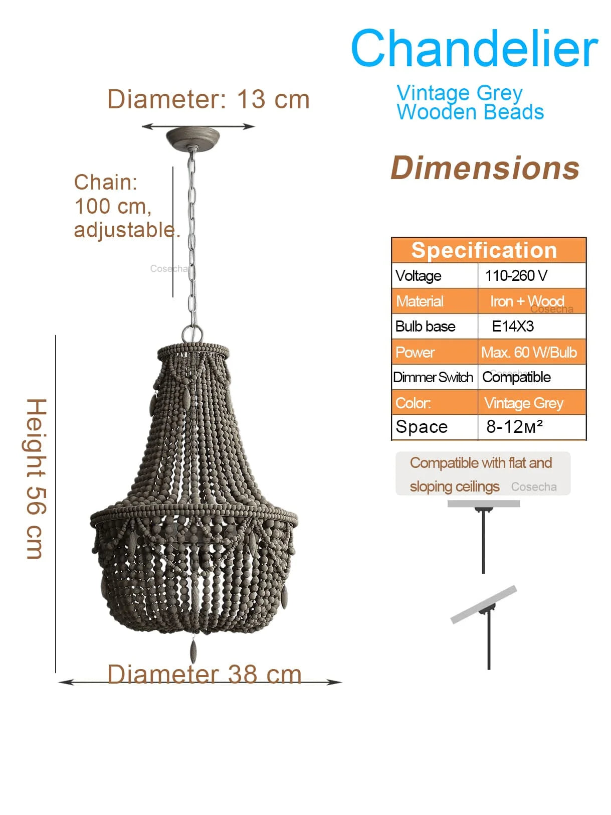 Black French Country Chandelier Large Hanging Lights Dia60 H65cm Living Room Boho Wood Bead Chandelier For Bedroom Dining Room