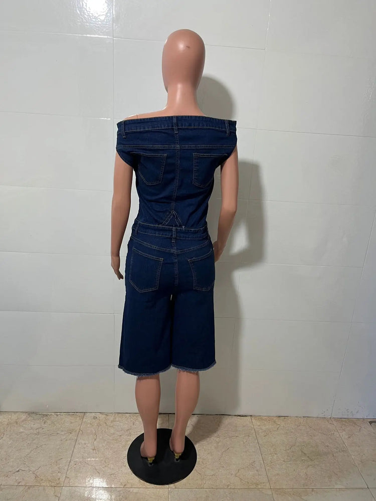 Jumpsuits Women Denim One Piece Short Sleeve Overalls Knee Length Pants Tight Waist Rompers Y2k Streetwear Slash Neck 2026