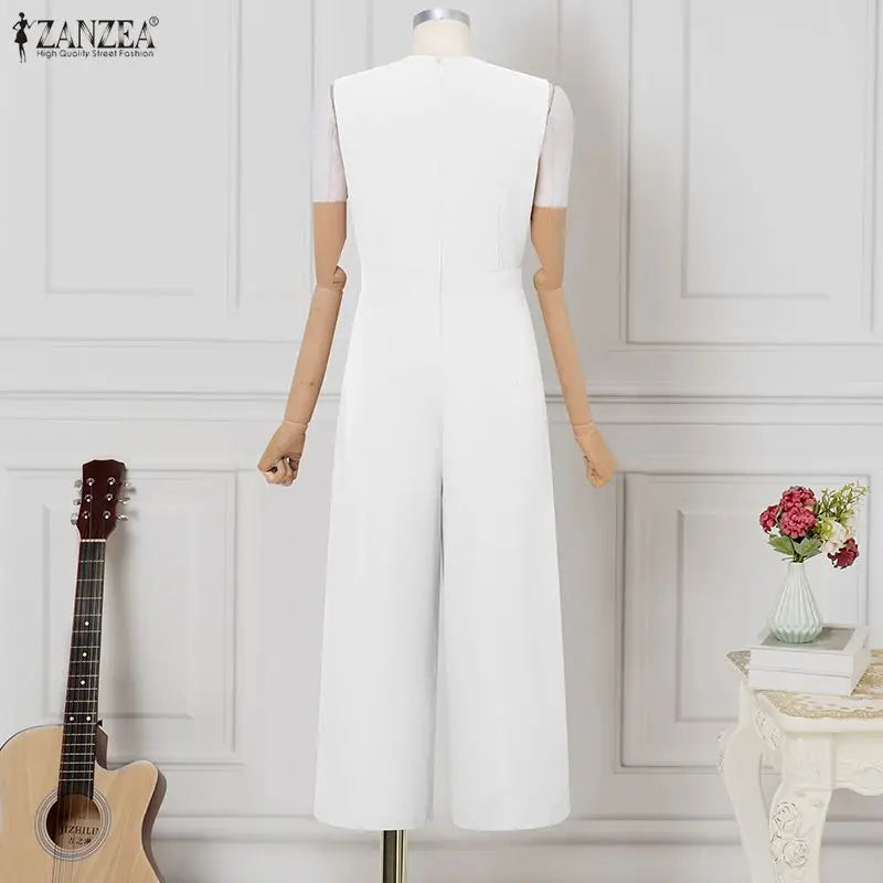 ZANZEA Women Jumpsuits Solid Sleeveless V Neck Rompers Elegant Office Ladies Clothing European Bottoms Pockets Casual Overalls