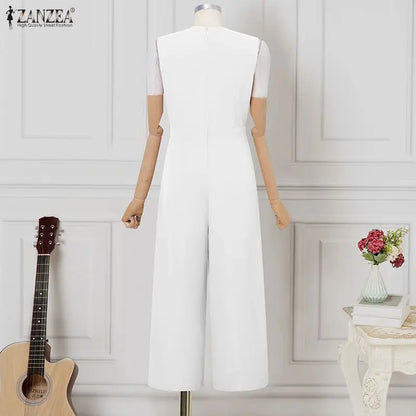 ZANZEA Women Jumpsuits Solid Sleeveless V Neck Rompers Elegant Office Ladies Clothing European Bottoms Pockets Casual Overalls