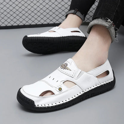 Mens Walking Shoes Summer Breathable Leather Hand Sewn Minimalist Baotou Flat Shoes Soft Elastic Daily Casual Male Sandalia