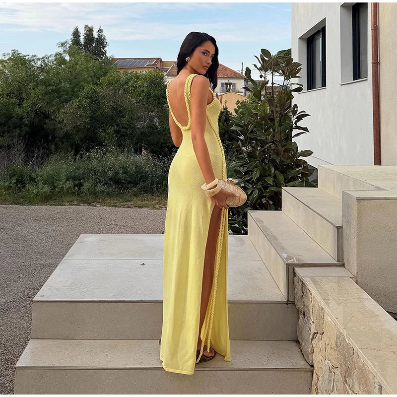 Braided Trim Sexy High Slit Dress Lady Sleeveless Hollow Out Backless Bodycon Maxi Dresses 2026 Summer Elegant Chic Evening Gown