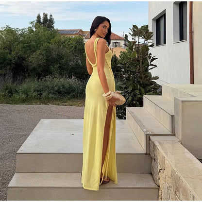 Braided Trim Sexy High Slit Dress Lady Sleeveless Hollow Out Backless Bodycon Maxi Dresses 2026 Summer Elegant Chic Evening Gown