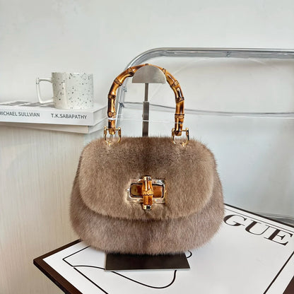 Fur Women's Mink Fur Bag Luxury Warm Plush Wrist Bags  Women Fashion Furry Short Handle Clutch Cute Ladies Fur Bags For Women