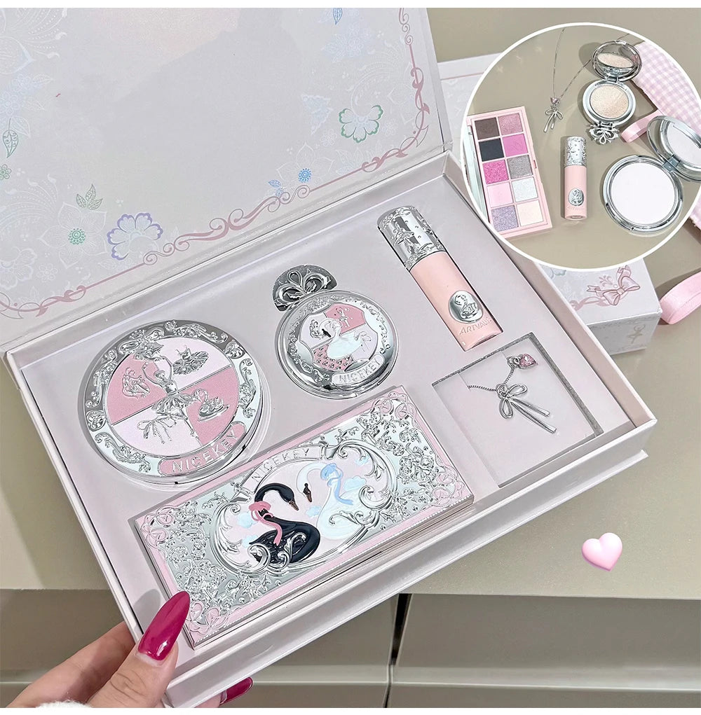 NICEKEY Face Makeup Sets Include 1*Lip mud,1*Pressed Powder,1*Highlight Powder,1*Eyeshadow Palette Powder With Necklace Gift