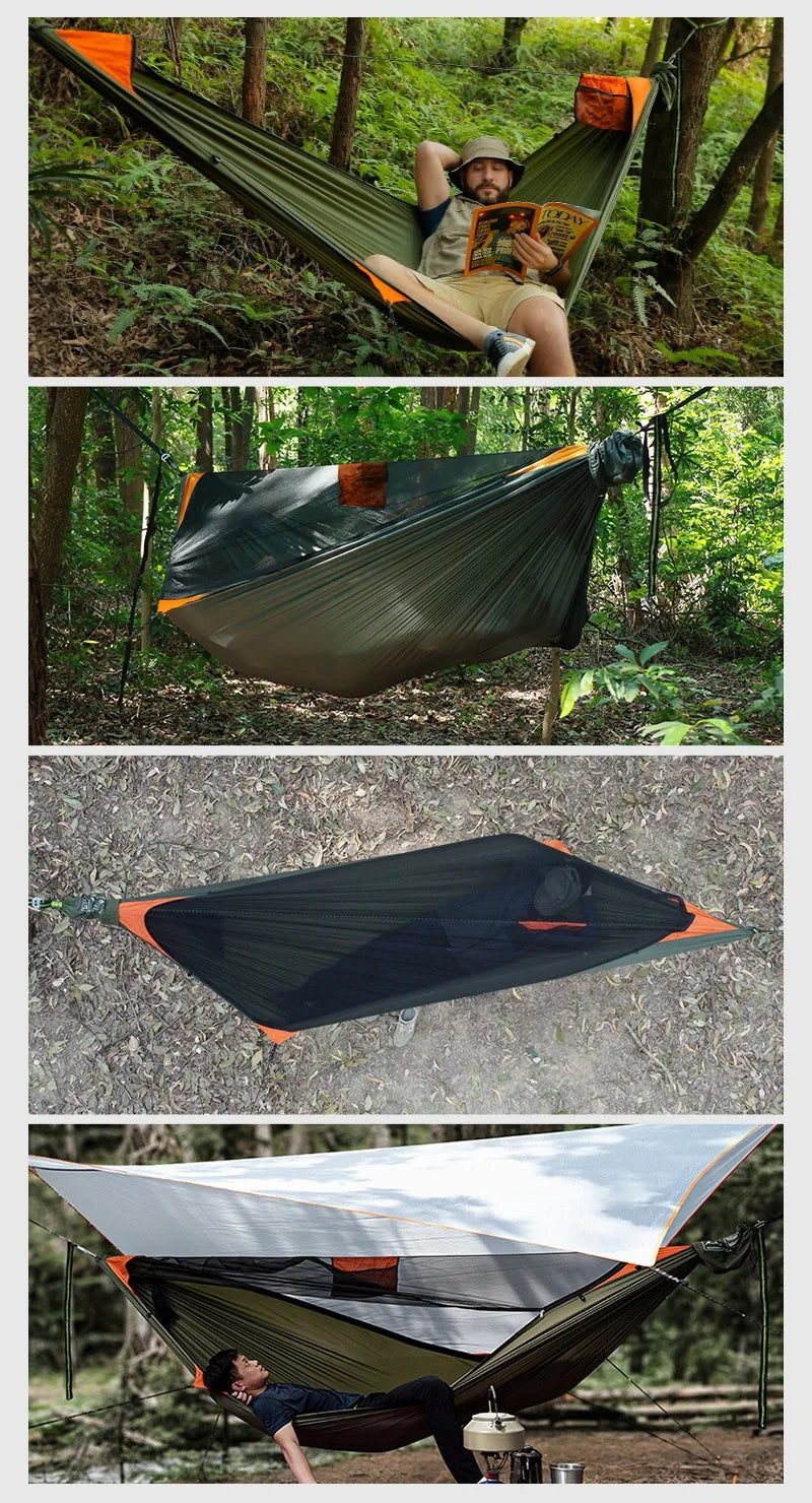 TRAVELER Bushcraft Quick-Deploy Hammock with Mosquito Net, Integrated Ridgeline & Anti-Roll Design for Wilderness Camping