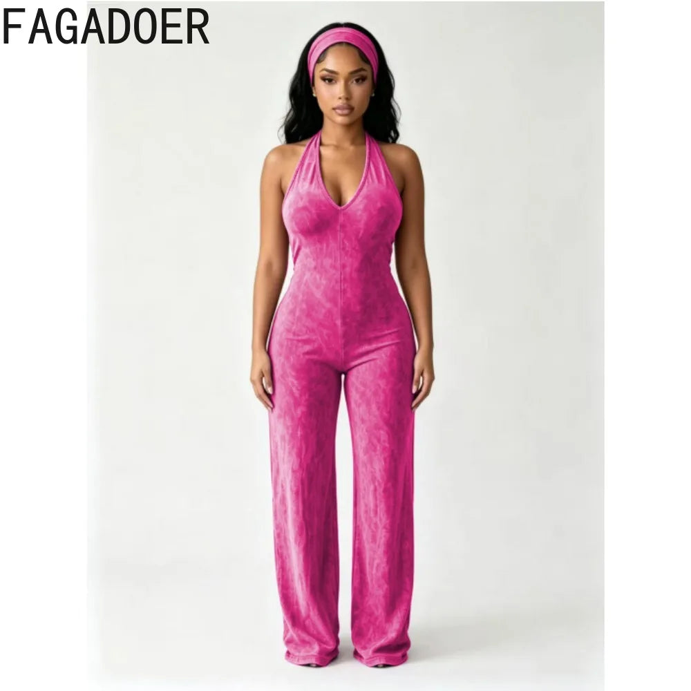 FAGADOER Fashion Solid Color Off Shoulder Halter Jumpsuits Sexy Back Hollow Out Ruched Rompers Casual Sports Fitness Playsuits