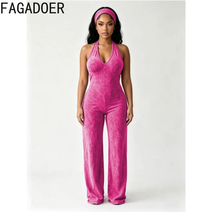 FAGADOER Fashion Solid Color Off Shoulder Halter Jumpsuits Sexy Back Hollow Out Ruched Rompers Casual Sports Fitness Playsuits