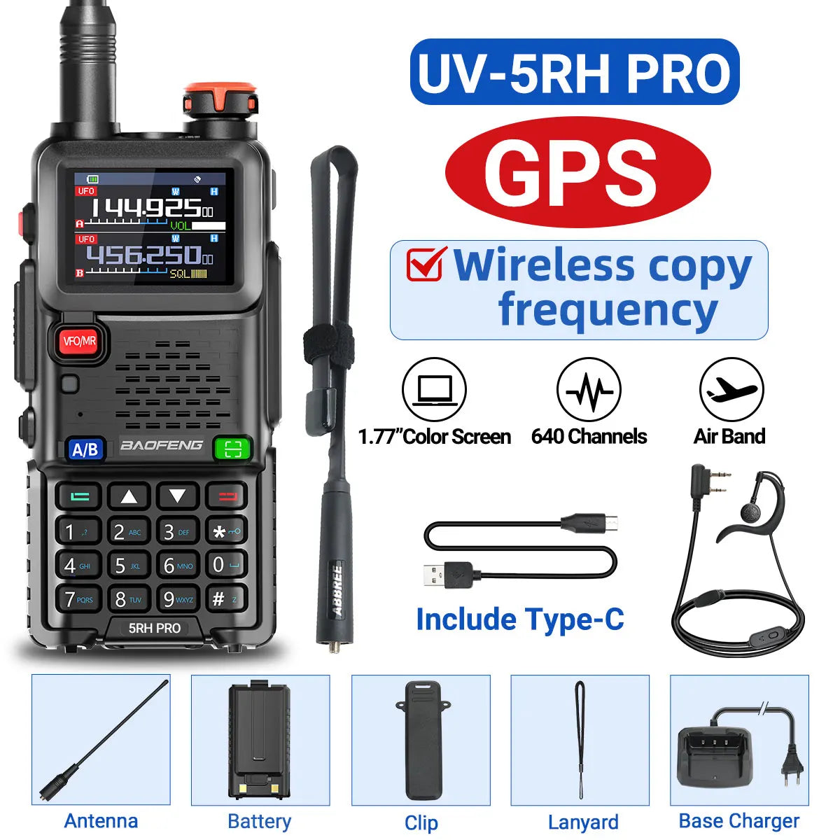 Baofeng UV-5RH PRO GPS Walkie Talkie Multi Band Wirless Copy Frequency NOAA Type-c Long Range UV-5R Tow Way Ham Radio