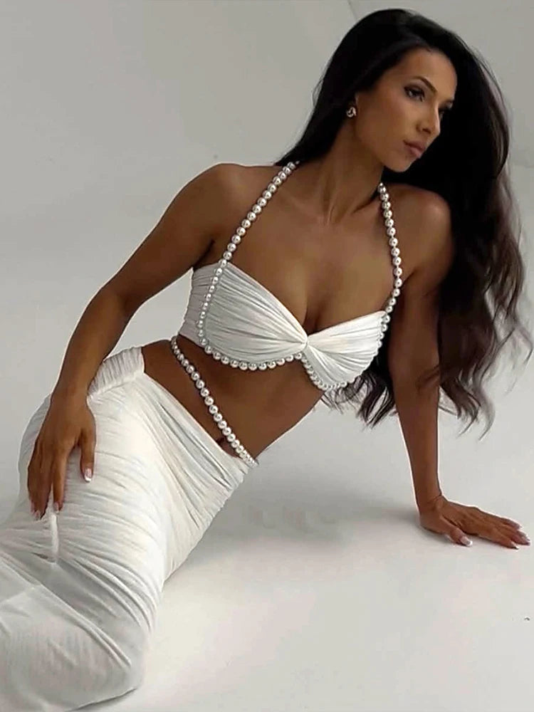 Weird Puss Sexy Bead Patchwork 2-Piece Set Women Ruched Halter Bra+Waistless Bottom Matching Elegant Beach Vacation Slim Outfits