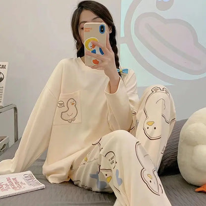 Spring and Autumn New Women's Pajamas Homewear Suit Girls Thin Section Long-Sleeved Students Big Yards Cartoon Loose Pajamas