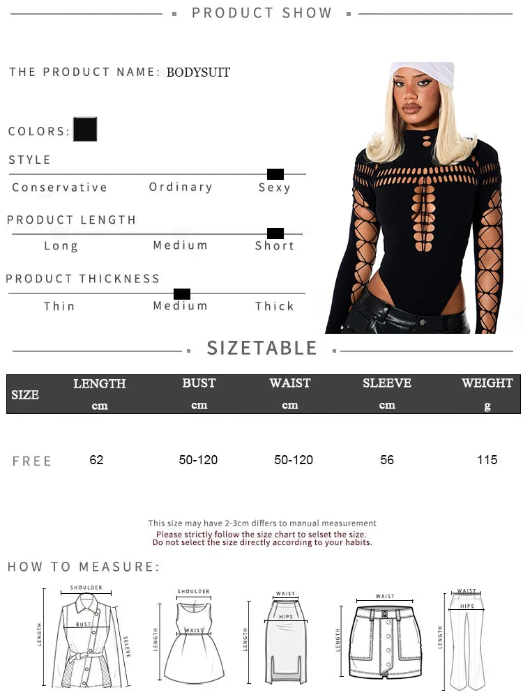 FHSEER SummerWomen's Y2K Sexy Bodysuit High Neck Bodycon Front Cutout & Lace-up Mesh Sleeve Stretchy Edggy Clubwear Streetwear