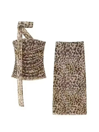 HH Women Leopard Print 2 Piece Outfit Midi Skirt Suit Sexy Summer Backless Strapless Crop Top Fashion Elegant Beach Party Sets