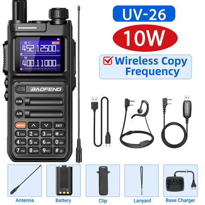 Baofeng UV-26 Walkie Talkie 10W Multi Band Wireless Copy Frequency High Power 999 Channels NOAA with Type-C Charger Ham Radio
