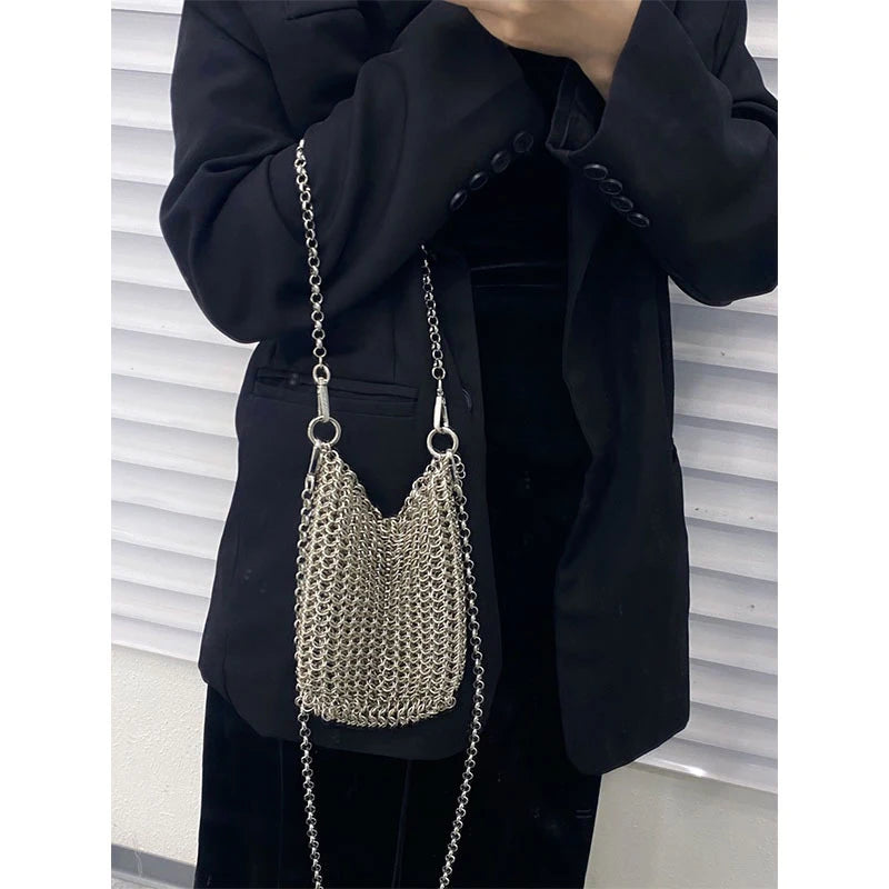 Metallic Hauberk Shoulder Bag Woven Ring Tote Chain Mail Designer Purses and Handbags Handmade Hollow Crossbody Bags for Women
