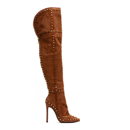 Sexy Green Blue Suede Gold Studs Women Over The Knee Boots Ladies High Heel Thick Slip On Point Toe Rivets Motorcycle Botas