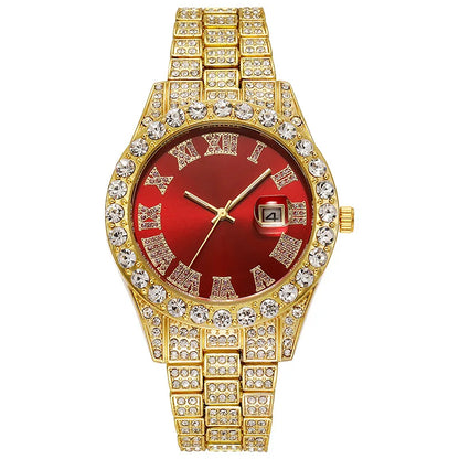 Luxury Fashion Hip Hop Men's Wristwatch, Roman Numeral Dial, Round Rhinestone Date Display,Men's Business Quartz Watch Clock