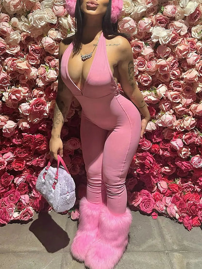 Women's solid color deep V-neck hanging neck jumpsuit sexy pleated backless slim fit jumpsuit