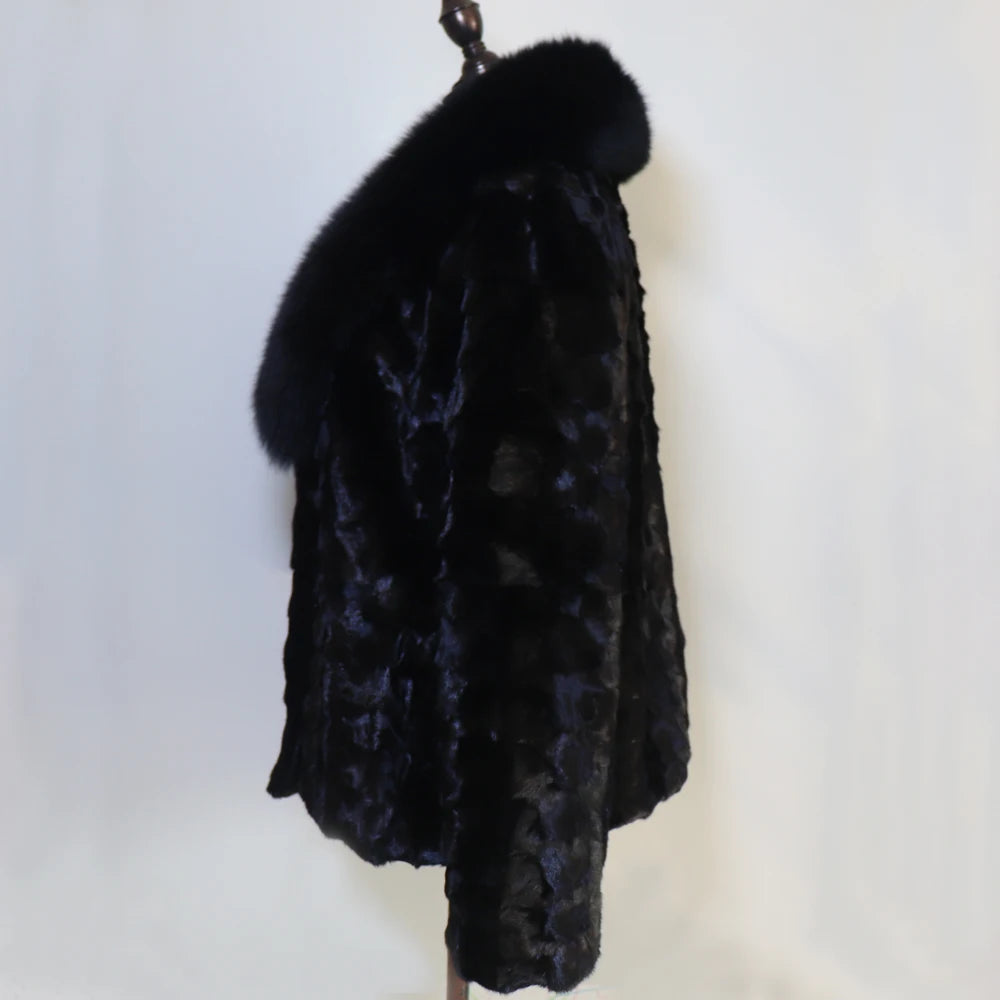 New Women Winter Real Fur Coat Warm Fashion 100% Natural Mink Fur Jacket with Fox Fur Collar Lady Thick Real Mink Fur Overcoat