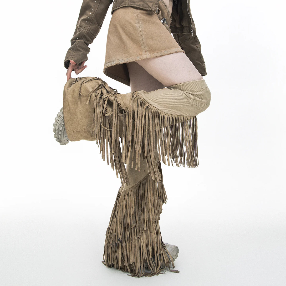 Suede Fabric Tassel Knitted Elastic Punk Vintage Flared Leg Warmers Woman Fashion Elegant Gothic Leg Sleeve