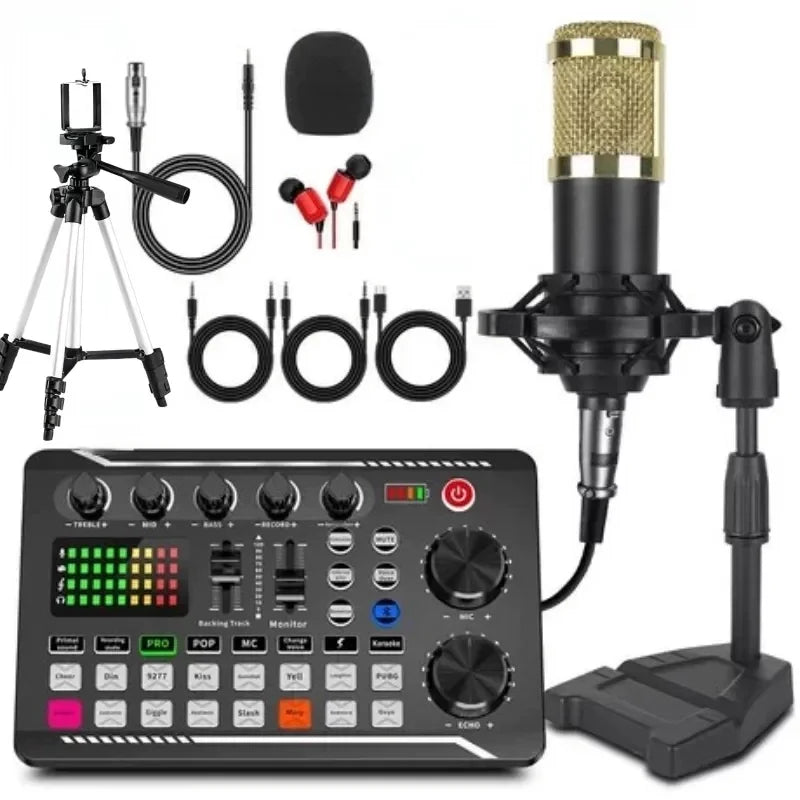 F998 Live Streaming Sound Card Kit Rechargeable Condenser Microphone With Stand Bluetooth Mixer For Streaming Recording