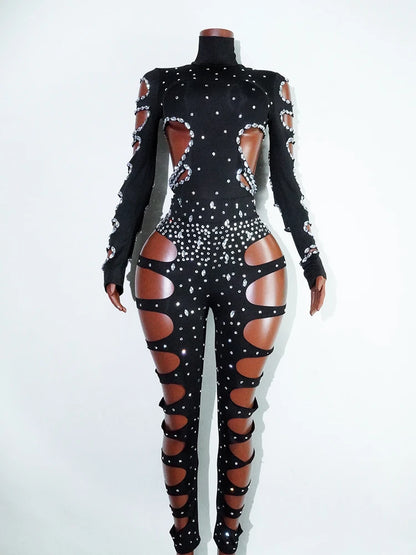 Drag Queen Outfit Sparkly Black Hollow Sexy 2 Piece Crystal Women Evening Prom Celebrate Birthday NightClub Performance Costume