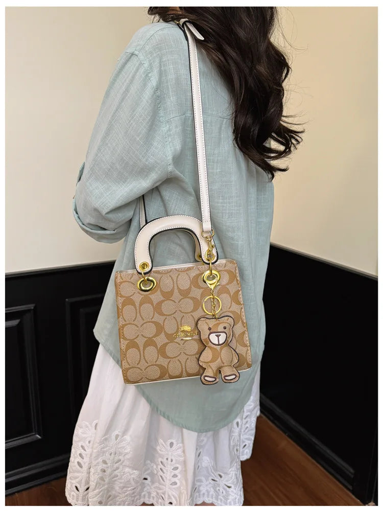 Luxury Women Bag 2026 New Vintage Classic Monogram Handbag Fashion Designer Ladies Tote Crossbody Bag with Bear Charm