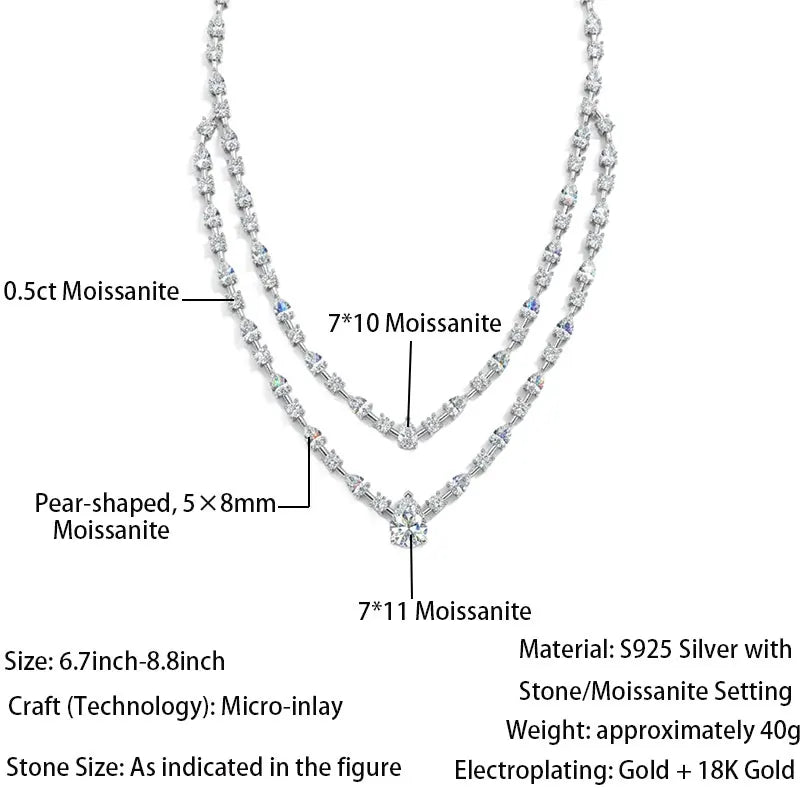 Double Layer Pear Cut Moissanite Tennis Necklace S925 Silver GRA Certified Elegant Bridal Wedding Jewelry for Women