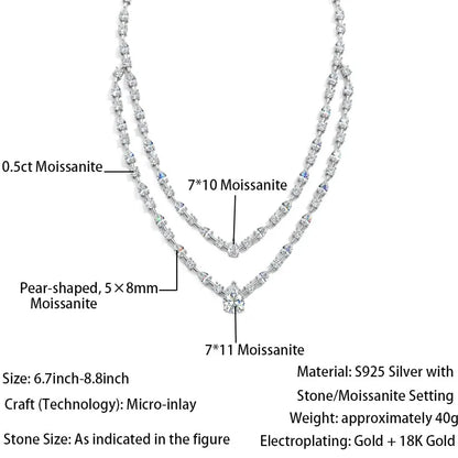 Double Layer Pear Cut Moissanite Tennis Necklace S925 Silver GRA Certified Elegant Bridal Wedding Jewelry for Women