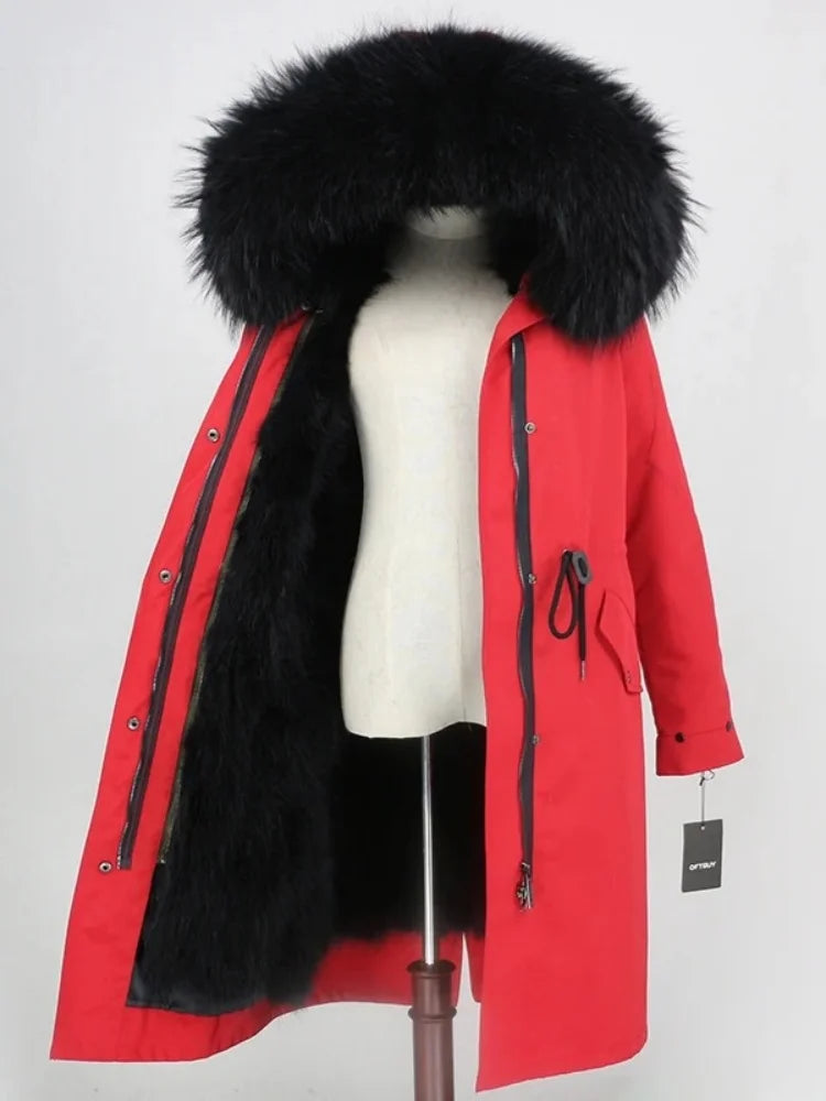 Real Fur Coat Winter Jacket Women Long Parka Waterproof Big Natural Raccoon Fur Collar Hood Thick Warm Real Fox Fur Liner coat