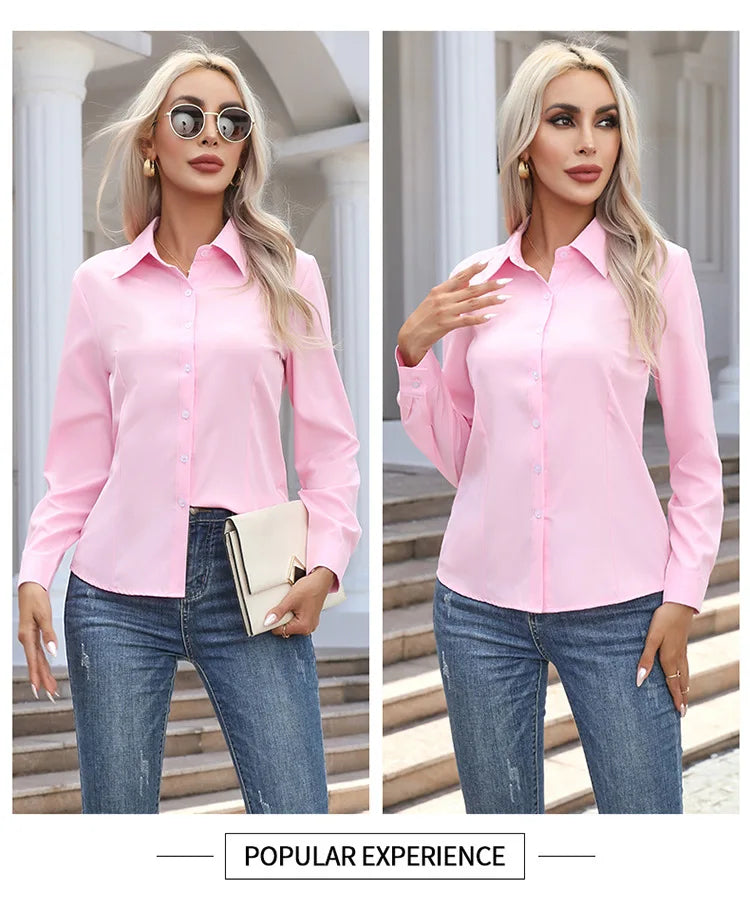 Women Elegant Solid Button Shirt Chiffon Blouse Spring Summer Casual Solid Long Sleeve Turn Down Collar Tunics OL Shirt Tops