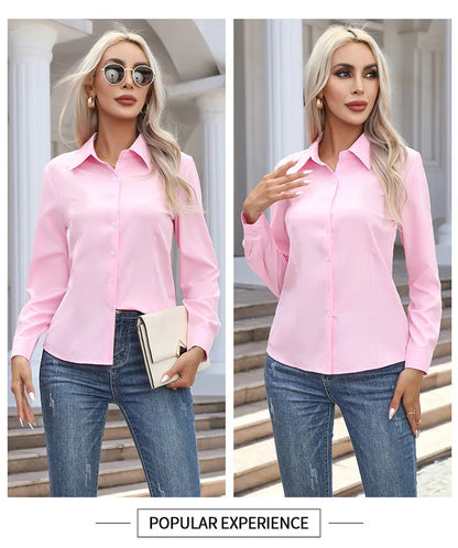 Women Elegant Solid Button Shirt Chiffon Blouse Spring Summer Casual Solid Long Sleeve Turn Down Collar Tunics OL Shirt Tops