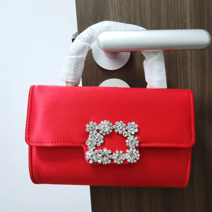 Rhinestone Faux Silk Emerald Evening Bag Silver Diamond Buckle Handle Fashion Handbags Elegant Ladies Square Bolsa Feminina