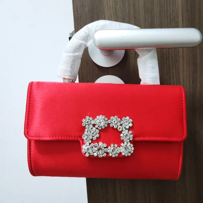 Rhinestone Faux Silk Emerald Evening Bag Silver Diamond Buckle Handle Fashion Handbags Elegant Ladies Square Bolsa Feminina