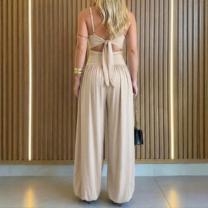 Women's Casual Halter Jumpsuits Spring Summer Daily Solid Slim-Fit Backless Sleeveless Jumpsuit Lady's Hollow Romper Trousers