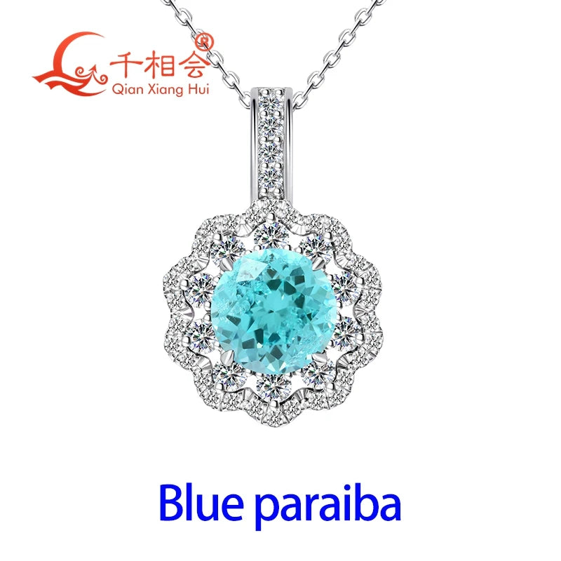 925 Sterling Silver 8mm Round YAG Paraiba Neon Blue/Greenish  Tourmaline Pendant Necklace, Flower Halo Moissanite Pendant Women